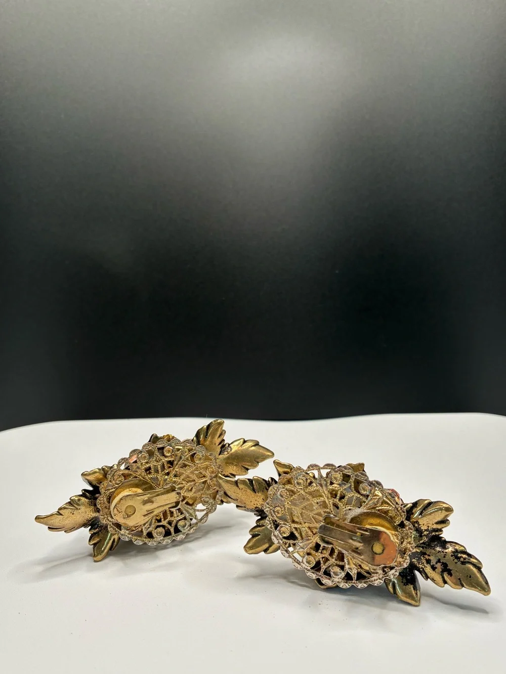 Vintage Resin 1970’s Gold-Tone Cluster Clip-on Earrings w/Crystal Accents
